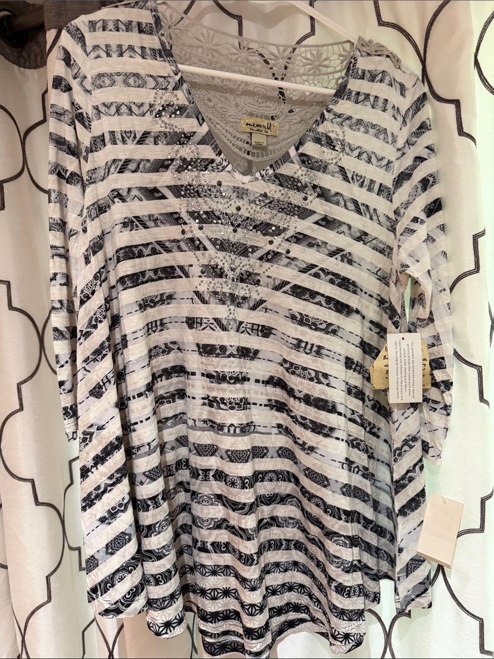 ONE WORLD Black and White Striped V-Neck Tunic with Lace Back